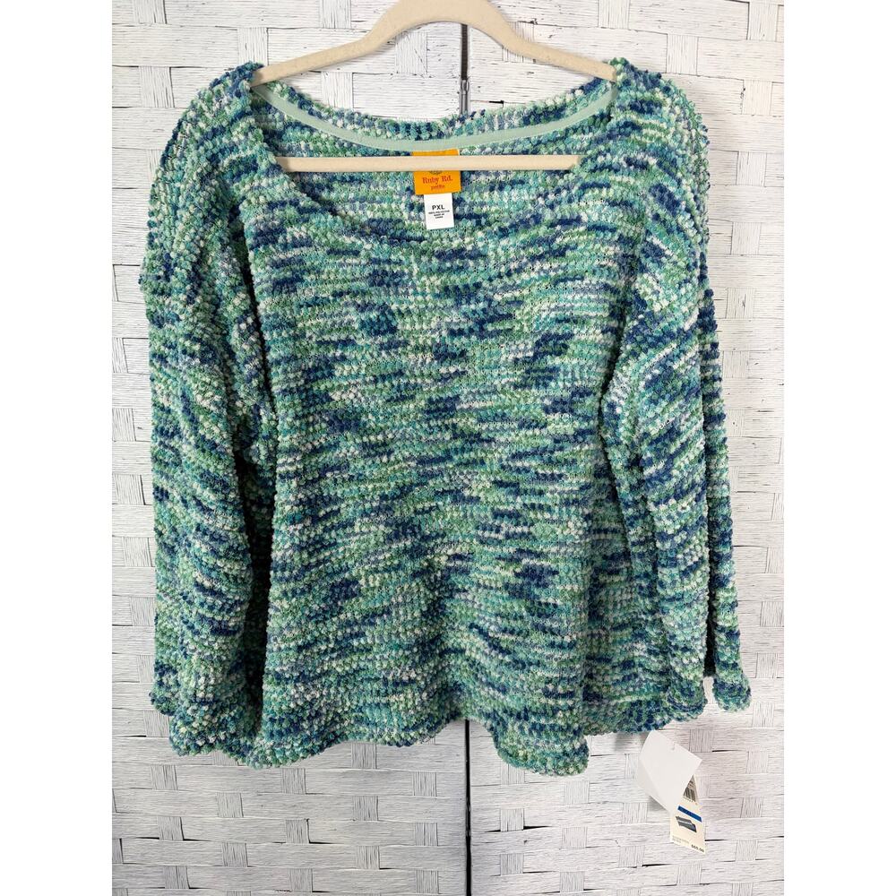 Ruby Rd womens sweater petite blue green spring cozycore‎ eclectic grammar